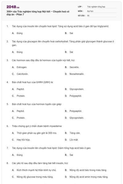 300+ câu Trắc nghiệm tổng hợp Nội tiết – Chuyển hoá có đáp án - Phần 7