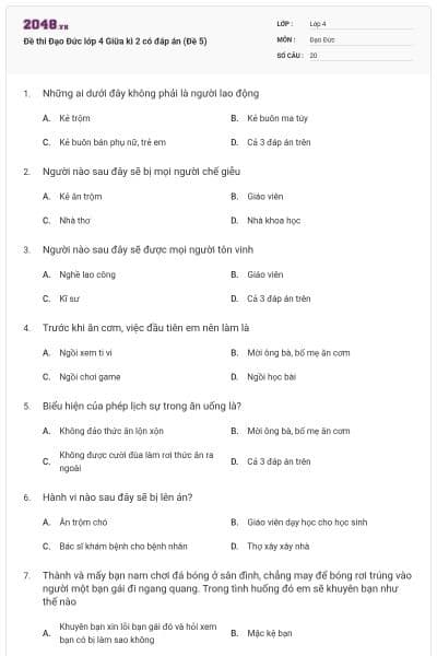 Đề thi Đạo Đức lớp 4 Giữa kì 2 có đáp án (Đề 5)