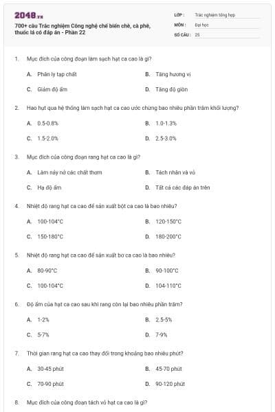 700+ câu Trắc nghiệm Công nghệ chế biến chè, cà phê, thuốc lá có đáp án - Phần 22