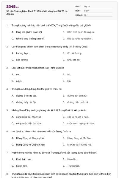 58 câu Trắc nghiệm Địa lí 11 Chân trời sáng tạo Bài 26 có đáp án
