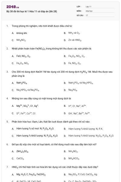 Bộ 30 đề thi học kì 1 Hóa 11 có đáp án (Đề 28)