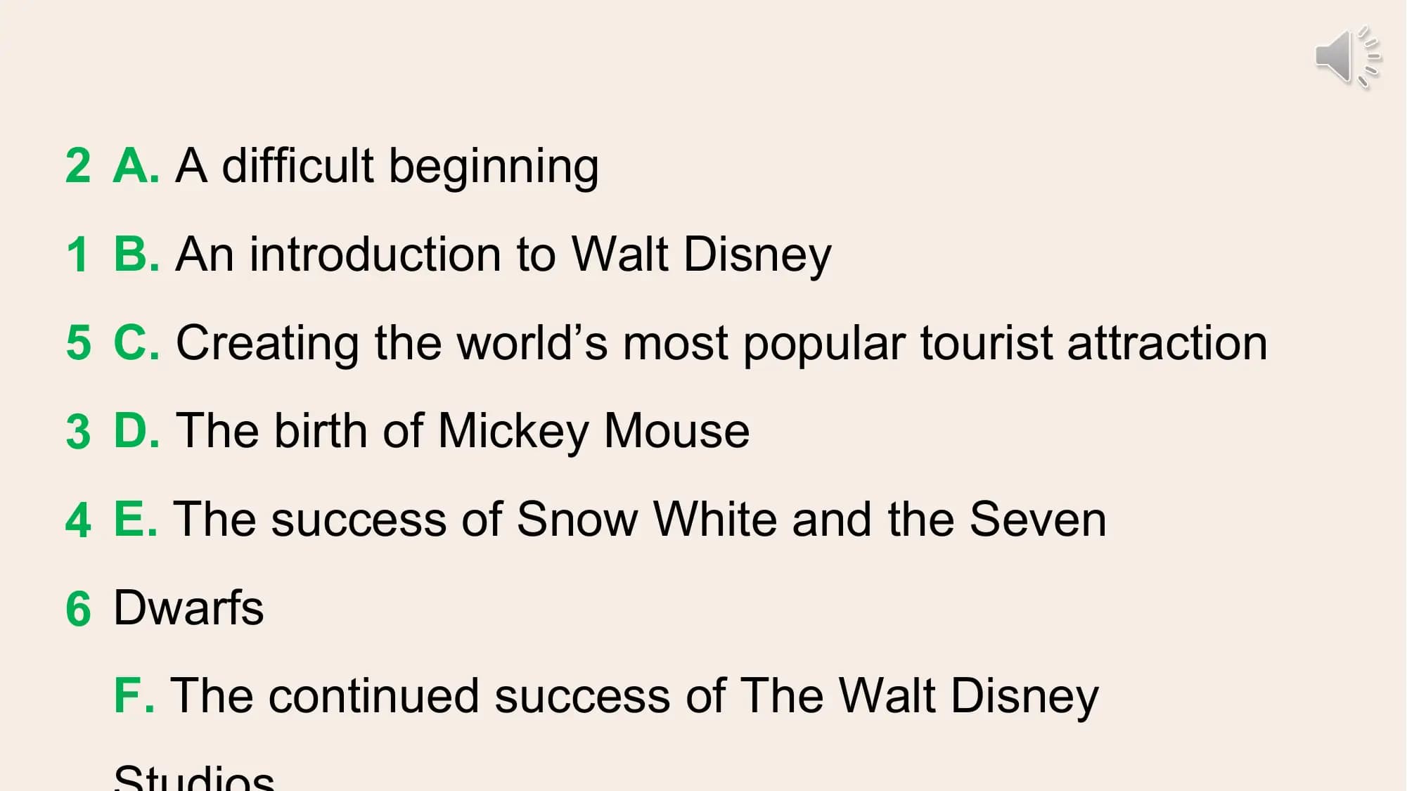 2 A. A difficult beginning
1 B. An introduction to Walt Disney
5 C. Creating the world’s most popular tourist attraction
3 D. The birth of Mickey Mouse
4 E. The success of Snow White and the Seven
6 Dwarfs
 F. The continued success of The Walt Disney