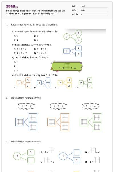 Phiếu bài tập hàng ngày Toán lớp 1 Chân trời sáng tạo Bài 5. Phép trừ trong phạm vi 10(Tiết 1) có đáp án