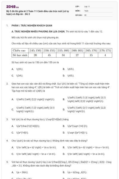 Bộ 5 đề thi giữa kì 2 Toán 11 Cánh diều cấu trúc mới (có tự luận) có đáp án - Đề 3