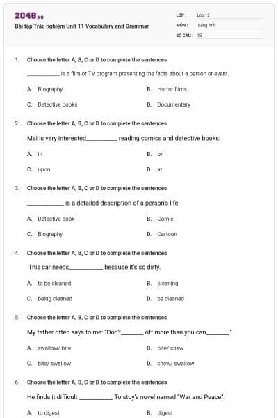 Bài tập Trắc nghiệm Unit 11 Vocabulary and Grammar