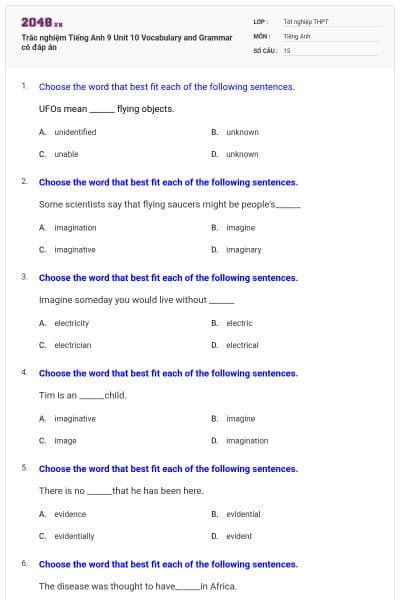 Trăc nghiệm Tiếng Anh 9 Unit 10 Vocabulary and Grammar có đáp án