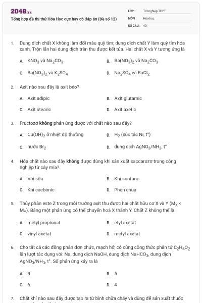 Tổng hợp đề thi thử Hóa Học cực hay có đáp án (Đề số 12)