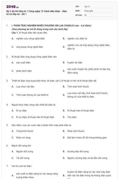 Bộ 2 đề thi Giữa kì 1 Công nghệ 12 Cánh diều Điện - điện tử có đáp án - Đề 1