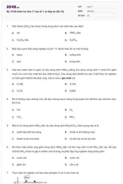 Bộ 10  Đề kiểm tra Hóa 11 học kì 1 có đáp án (đề 10)