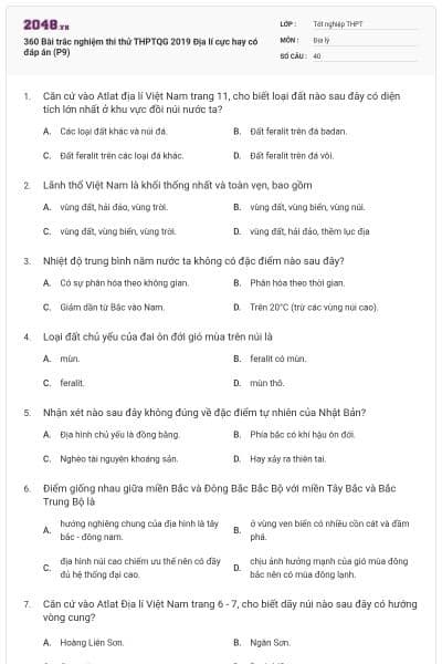 360 Bài trắc nghiệm thi thử THPTQG 2019 Địa lí cực hay có đáp án (P9)