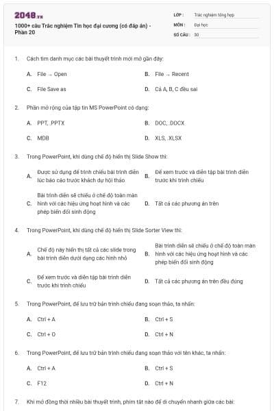 1000+ câu Trắc nghiệm Tin học đại cương (có đáp án) - Phần 20