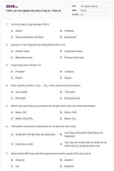 1000+ câu Trắc nghiệm Hóa sinh có đáp án - Phần 34