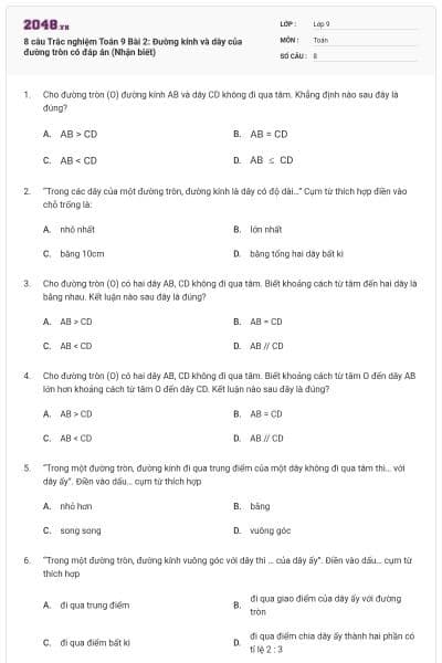 8 câu Trắc nghiệm Toán 9 Bài 2: Đường kính và dây của đường tròn có đáp án (Nhận biết)