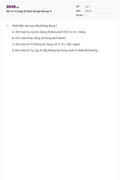 Bài 15.16 trang 20 Sách bài tập Hóa học 9