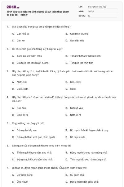 100+ câu trắc nghiệm Dinh dưỡng và An toàn thực phẩm có đáp án - Phần 9