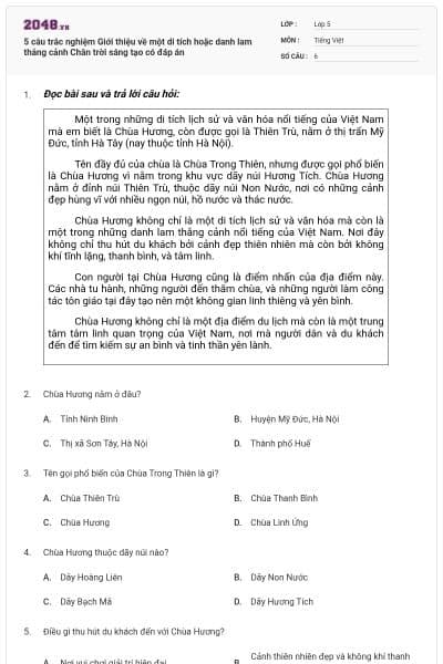 5 câu trắc nghiệm Giới thiệu về một di tích hoặc danh lam thắng cảnh Chân trời sáng tạo có đáp án