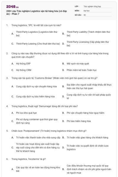 200+ câu Trắc nghiệm Logistics vận tải hàng hóa (có đáp án) - Phần 7