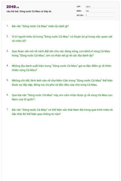 câu hỏi bài: Sông nước Cà Mau có đáp án
