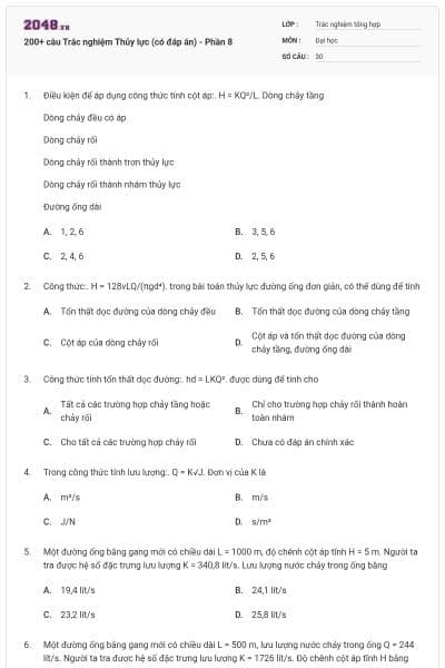 200+ câu Trắc nghiệm Thủy lực (có đáp án) - Phần 8