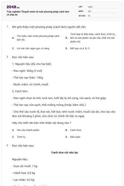 Trắc nghiệm Thuyết minh về một phương pháp cách làm có đáp án