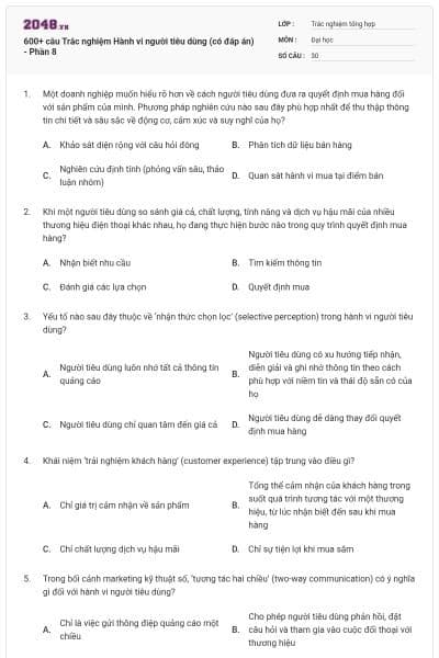 600+ câu Trắc nghiệm Hành vi người tiêu dùng (có đáp án) - Phần 8