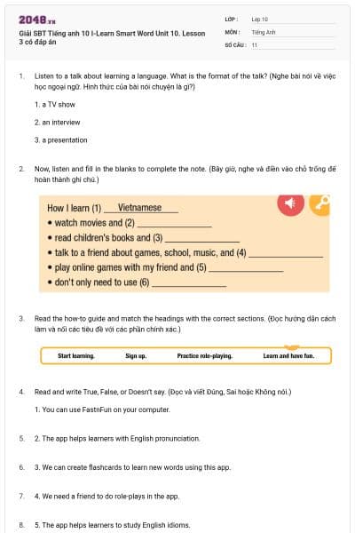 Giải SBT Tiếng anh 10 I-Learn Smart Word Unit 10. Lesson 3 có đáp án