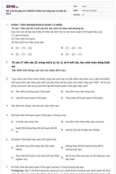 Bộ 3 đề thi giữa kì 2 GDCD 9 Chân trời sáng tạo có đáp án - Đề 3