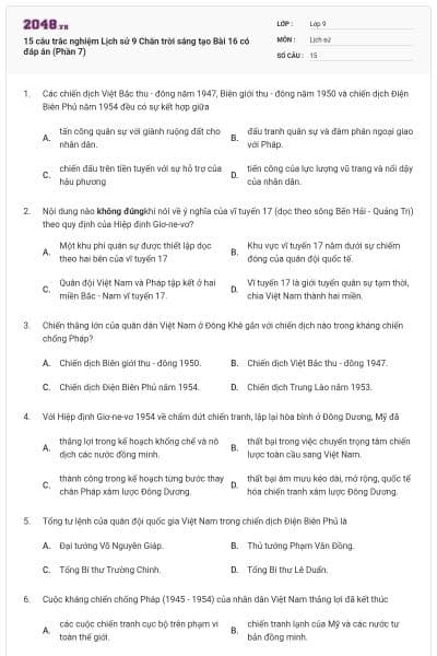 15 câu trắc nghiệm Lịch sử 9 Chân trời sáng tạo Bài 16 có đáp án (Phần 7)