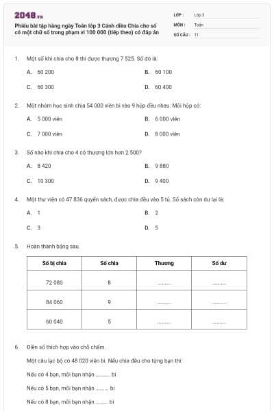 Phiếu bài tập hàng ngày Toán lớp 3 Cánh diều Chia cho số có một chữ số trong phạm vi 100 000 (tiếp theo) có đáp án