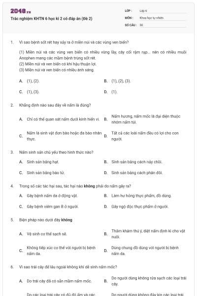 Trắc nghiệm KHTN 6 học kì 2 có đáp án (Đề 2)