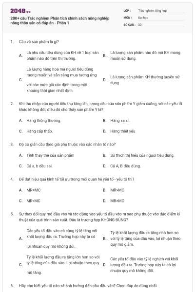 200+ câu Trắc nghiệm Phân tích chính sách nông nghiệp nông thôn sản có đáp án - Phần 1
