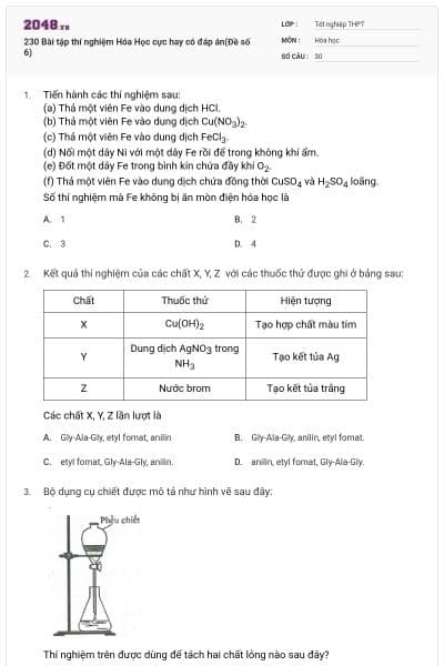 230 Bài tập thí nghiệm Hóa Học cực hay có đáp án(Đề số 6)