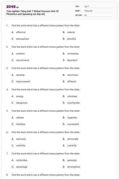Trắc nghiệm Tiếng Anh 7 Global Success Unit 10 Phonetics and Speaking (có đáp án)