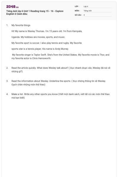 Tiếng Anh lớp 6 Unit 1 Reading trang 15 - 16 - Explore English 6 Cánh diều