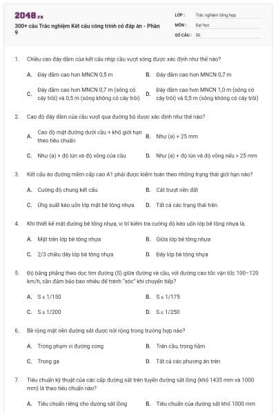 300+ câu Trắc nghiệm Kết cấu công trình có đáp án - Phần 9