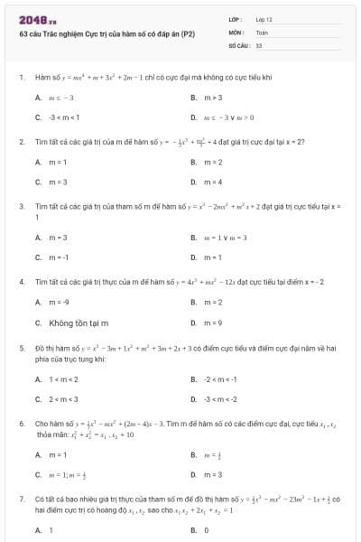63 câu Trắc nghiệm Cực trị của hàm số có đáp án (P2)