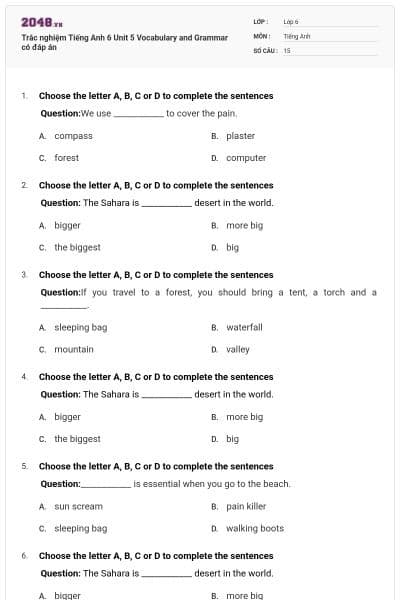 Trắc nghiệm Tiếng Anh 6 Unit 5 Vocabulary and Grammar có đáp án