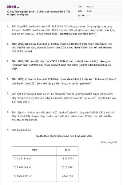 12 câu Trắc nghiệm Địa lí 11 Chân trời sáng tạo Bài 8 (Trả lời ngắn) có đáp án