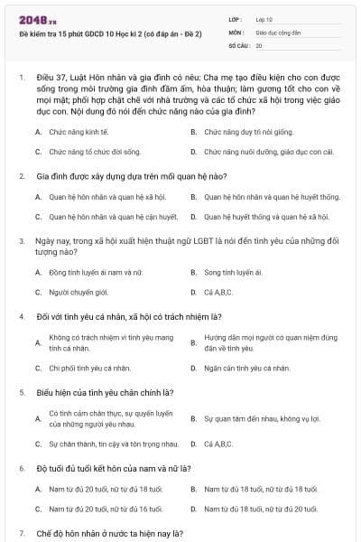 Đề kiểm tra 15 phút GDCD 10 Học kì 2 (có đáp án - Đề 2)