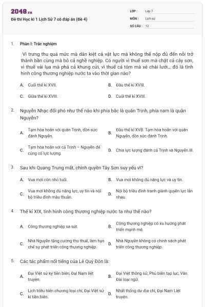 Đề thi Học kì 1 Lịch Sử 7 có đáp án (Đề 4)