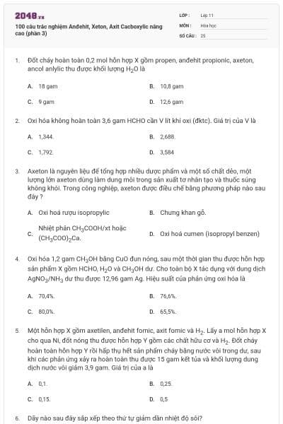 100 câu trắc nghiệm Anđehit, Xeton, Axit Cacboxylic nâng cao (phần 3)