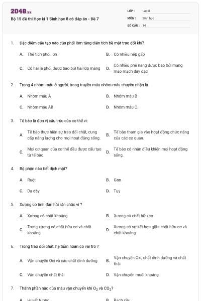 Bộ 15 đề thi Học kì 1 Sinh học 8 có đáp án - Đề 7