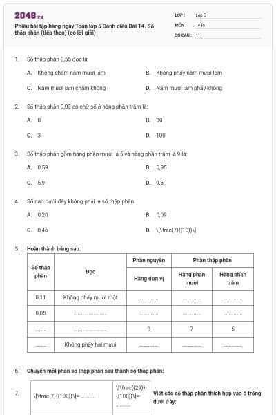 Phiếu bài tập hàng ngày Toán lớp 5 Cánh diều Bài 14. Số thập phân (tiếp theo) (có lời giải)