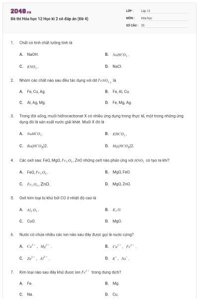 Đề thi Hóa học 12 Học kì 2 có đáp án (Đề 4)