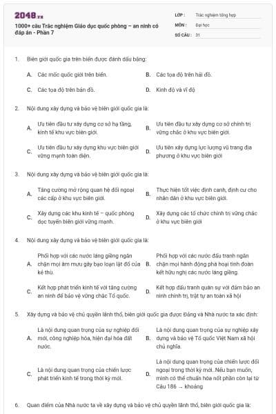 1000+ câu Trắc nghiệm Giáo dục quốc phòng – an ninh có đáp án - Phần 7