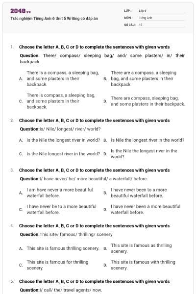 Trắc nghiệm Tiếng Anh 6 Unit 5 Writing có đáp án