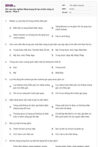 40+ câu trắc nghiệm Năng lượng tái tạo và bền vững có đáp án - Phần 2