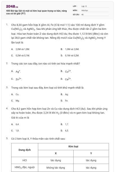 400 Bài tập Sắt và một số kim loại quan trọng cơ bản, nâng cao có lời giải (P7)