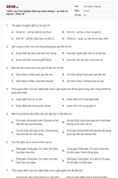 1000+ câu Trắc nghiệm Giáo dục quốc phòng – an ninh có đáp án - Phần 28