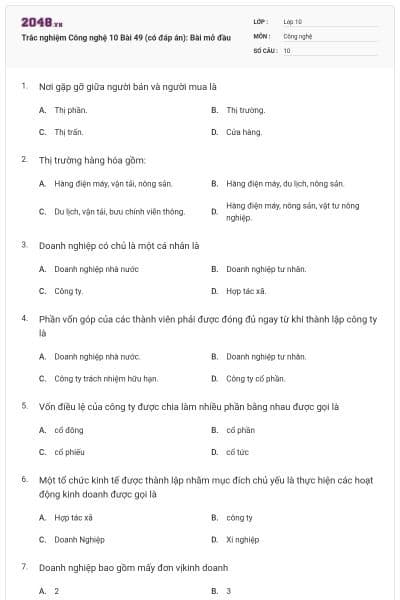 Trắc nghiệm Công nghệ 10 Bài 49 (có đáp án): Bài mở đầu